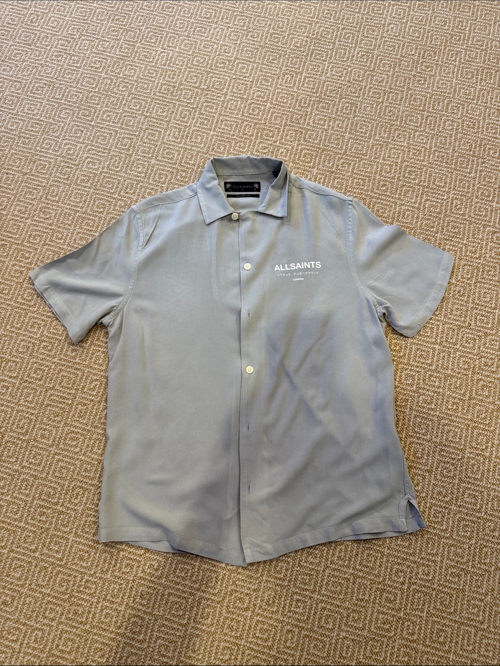 AllSaints Men's Button-Up Shirt in Light Gray with Logo